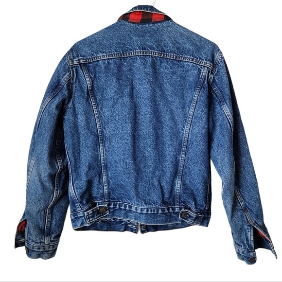 LEVIS VINTAGE 90s Buffalo‎ Plaid Lined Denim Trucker Jacket Size 38 - Picture 3 of 12